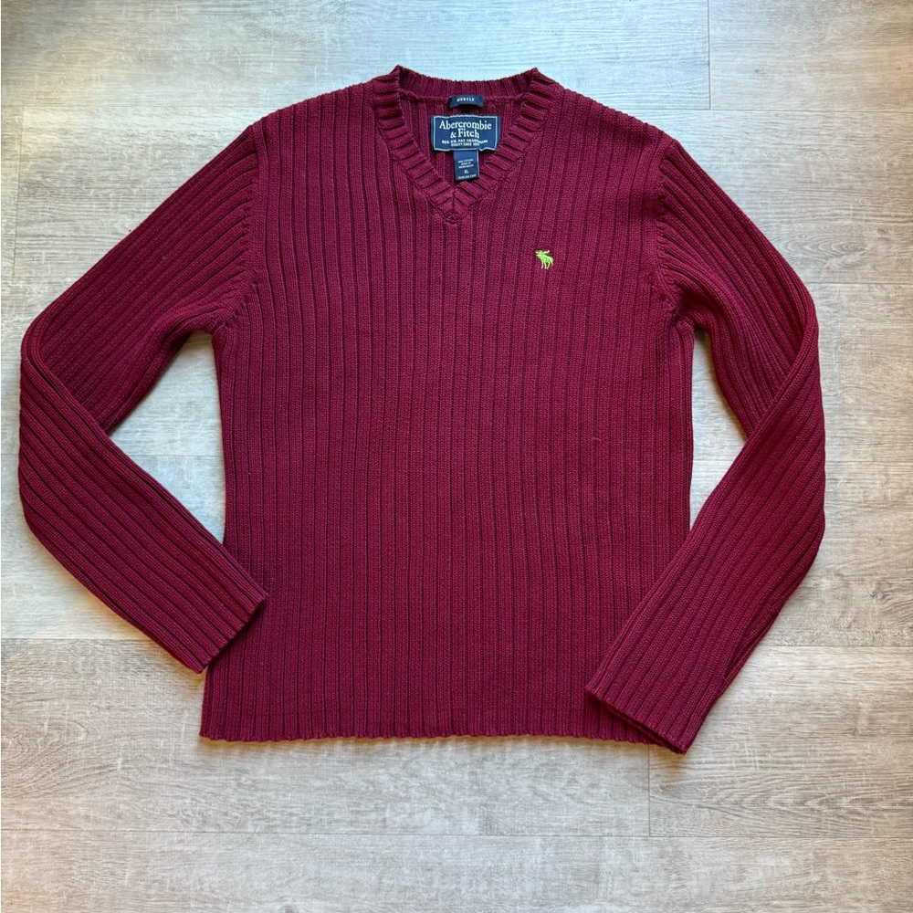 Abercrombie & Fitch Vtg Muscle Fit V-neck Ribbed Cotton Moose Logo Sweater Sz XL